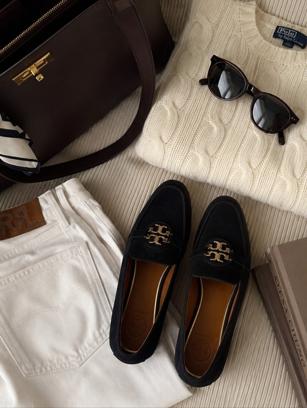 Tory Burch Black Suede Loafers with Gold Logo Size 8
